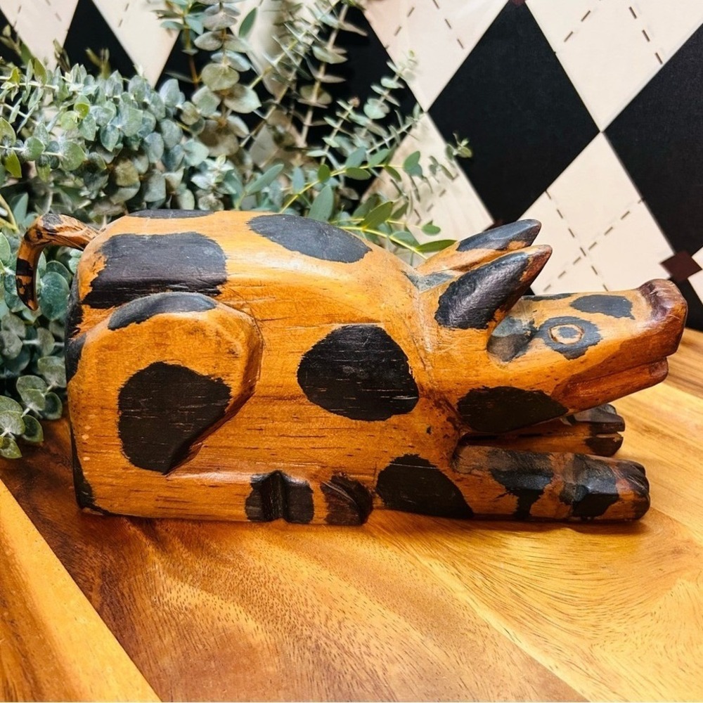 Hand Carved Wooden Pig Folk Art Primitive Black Spotted Wood Figurine Large